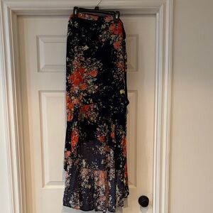 Anthropologie Floral High Low Skirt - Dark Blue and Red